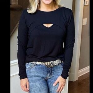 CABI Black Peekaboo Bodice Long Sleeve Casual Tee #4201 Size S